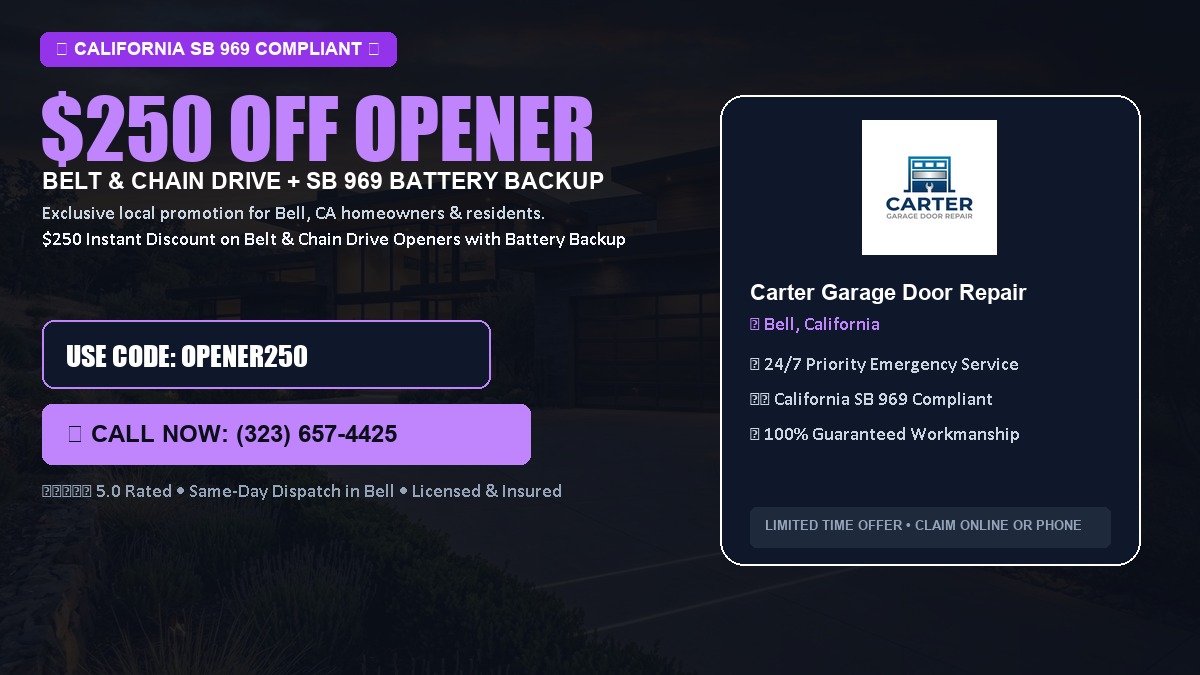 $250 OFF Smart Garage Door Opener Installation (Belt & Chain Drive with California SB 969 Battery Backup) in Bell, CA